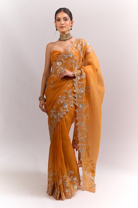 Anushree Reddy Orange Zari Cutwork Saree With Unstitched Blouse Piece 