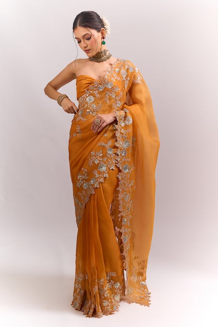 Shop_Anushree Reddy_Orange Zari, Embroidery, Metallic Cutwork Saree With Unstitched Blouse Piece _Online_at_Aza_Fashions