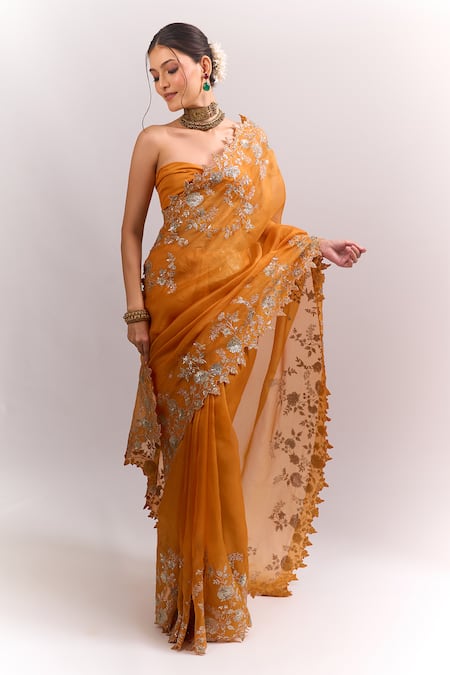 Anushree Reddy_Orange Zari, Embroidery, Metallic Cutwork Saree With Unstitched Blouse Piece _at_Aza_Fashions