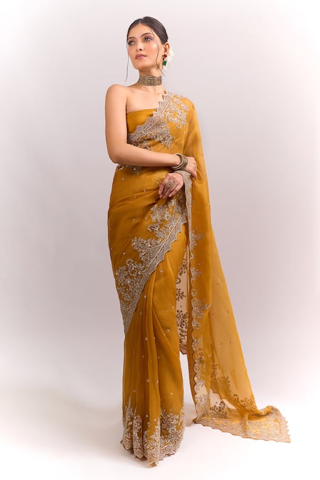 Buy_Anushree Reddy_Yellow Embroidery, Zari Mustard Akhila Saree With Unstitched Blouse Piece _Online_at_Aza_Fashions