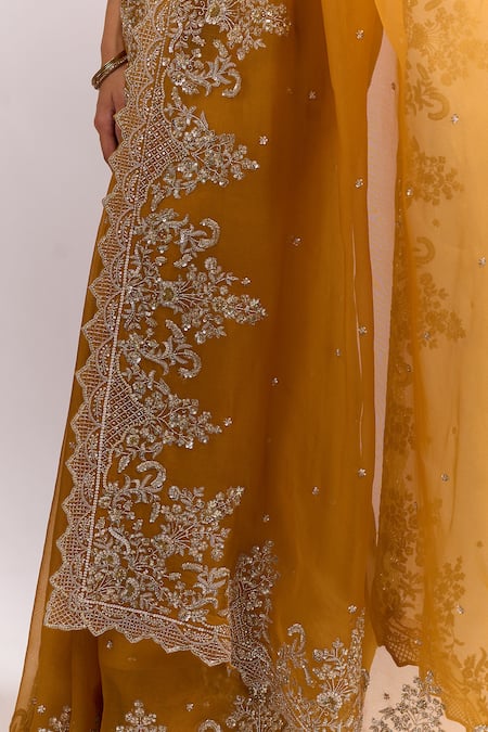 Shop_Anushree Reddy_Yellow Embroidery, Zari Mustard Akhila Saree With Unstitched Blouse Piece _Online_at_Aza_Fashions