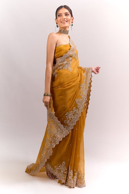 Anushree Reddy_Yellow Embroidery, Zari Mustard Akhila Saree With Unstitched Blouse Piece _at_Aza_Fashions
