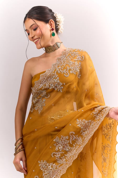 Buy_Anushree Reddy_Yellow Embroidery, Zari Mustard Akhila Saree With Unstitched Blouse Piece 