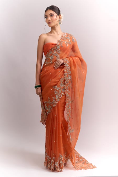 Buy_Anushree Reddy_Orange Embroidery, Sequins Seheaj Saree With Unstitched Blouse Piece _Online_at_Aza_Fashions