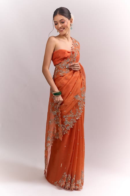 Shop_Anushree Reddy_Orange Embroidery, Sequins Seheaj Saree With Unstitched Blouse Piece _Online_at_Aza_Fashions