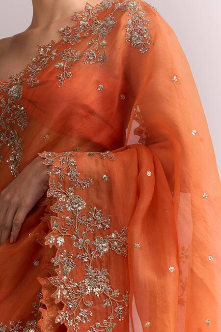 Anushree Reddy_Orange Embroidery, Sequins Seheaj Saree With Unstitched Blouse Piece _at_Aza_Fashions