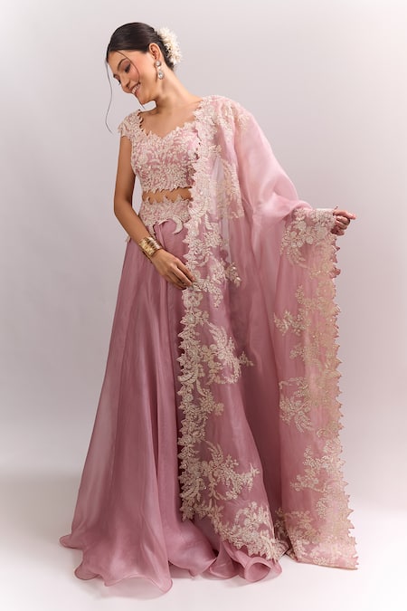 Shop_Anushree Reddy_Pink Embroidery, Lace, Zari Sweetheart Neck Athena Pico Skirt Set _Online_at_Aza_Fashions