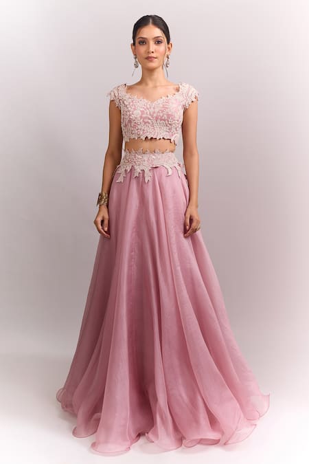 Anushree Reddy_Pink Embroidery, Lace, Zari Sweetheart Neck Athena Pico Skirt Set _at_Aza_Fashions