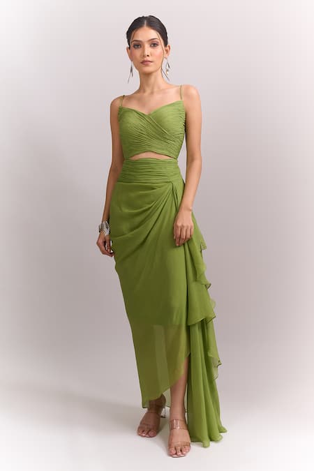 Shop_Anushree Reddy_Green Open , Sweetheart Embroidered Cape Skirt Set _Online_at_Aza_Fashions