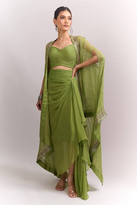 Anushree Reddy_Green Open , Sweetheart Embroidered Cape Skirt Set _at_Aza_Fashions