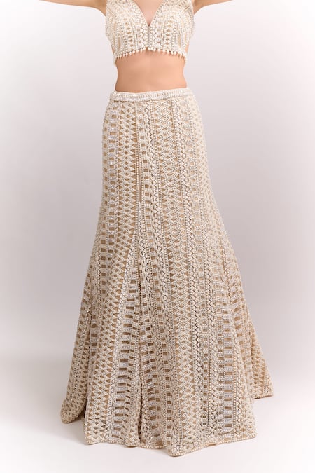 Seema Gujral_Beige Sequins, Stones, Embroidery, Beads, Tassels V-neck Mermaid Lehenga Set _Online_at_Aza_Fashions