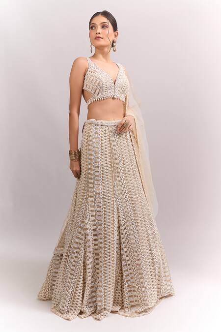 Shop_Seema Gujral_Beige Sequins, Stones, Embroidery, Beads, Tassels V-neck Mermaid Lehenga Set _Online_at_Aza_Fashions