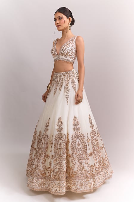 Seema Gujral_Ivory Organza Embroidery, Sequins, Zari V-neck Lehenga Set _Online_at_Aza_Fashions
