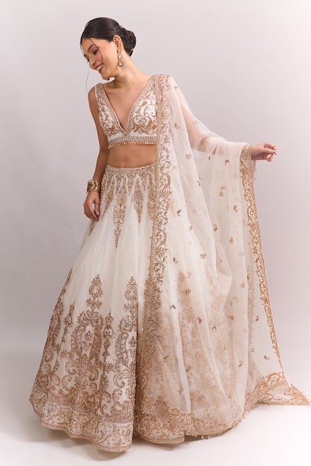 Seema Gujral_Ivory Organza Embroidery, Sequins, Zari V-neck Lehenga Set _at_Aza_Fashions