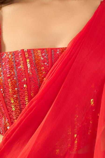 Buy_Archana Shah_Red Sequins Square Neck Ruffle Pre-draped Saree With Corset _Online_at_Aza_Fashions