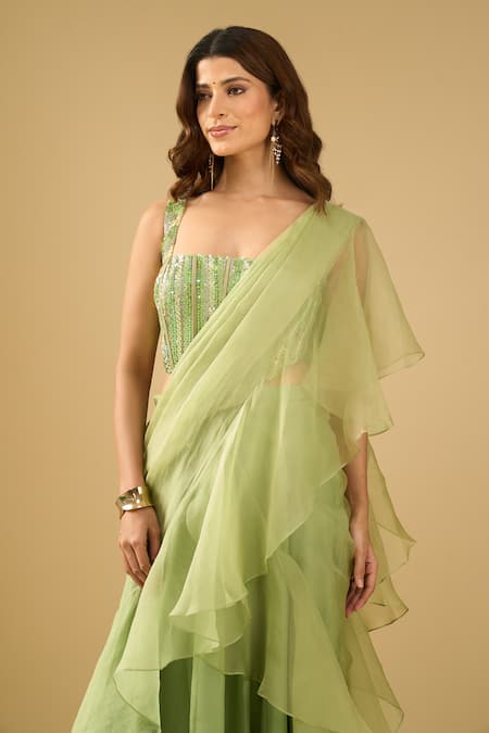 Archana Shah_Green Sequins Square Neck Ruffle Pre-draped Saree With Corset _Online_at_Aza_Fashions