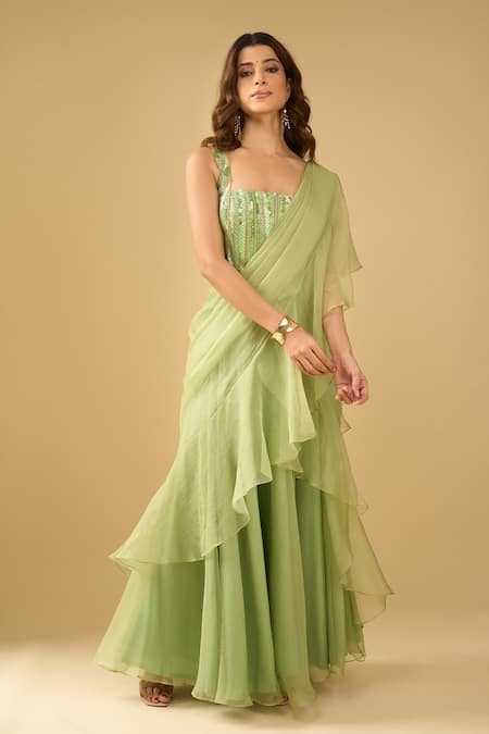 Shop_Archana Shah_Green Sequins Square Neck Ruffle Pre-draped Saree With Corset _Online_at_Aza_Fashions