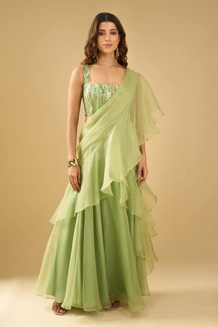 Archana Shah Ruffle Pre-Draped Saree With Corset 