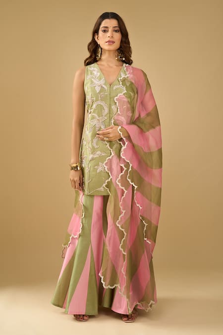 Archana Shah Zari Embroidered Kurta Bell Bottom Pant Set