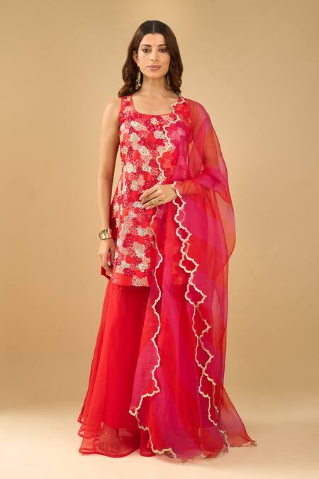 Shop_Archana Shah_Red Sequins, Metallic Thread, Piping Square Neck Embroidered Kurta Sharara Set _Online_at_Aza_Fashions