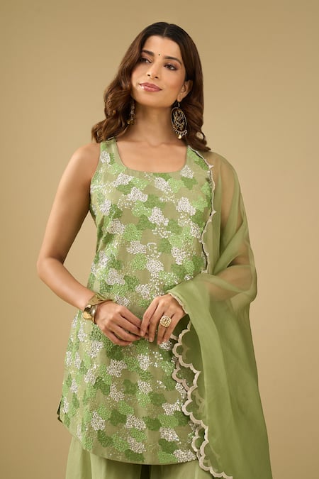 Archana Shah_Green Organza Sequins, Embroidery Kurta Sharara Set _Online_at_Aza_Fashions