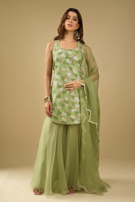 Buy_Archana Shah_Green Organza Sequins, Embroidery Kurta Sharara Set _Online_at_Aza_Fashions