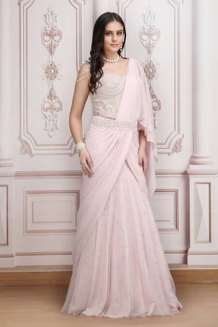 Mandira Wirk Resort_Pink Georgette Sequins, Beads, Embellished Pre-draped Saree With Blouse _at_Aza_Fashions