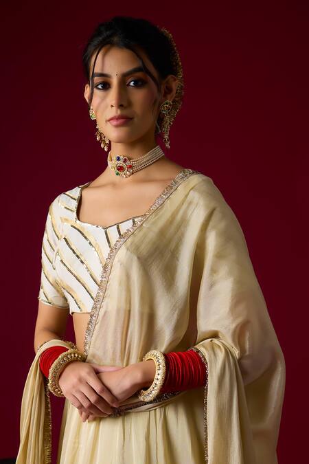 Buy_RAYASHA KHAN_Gold Silk, Tissue, Chiffon Zari, Sequins, Diya Banarasi Striped Lehenga Set _Online_at_Aza_Fashions