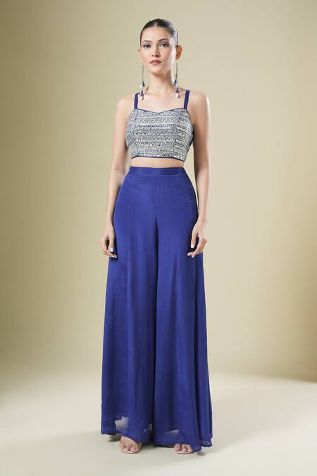 Samyukta Singhania_Blue Georgette Sequins, Beads, Embroidery Open Neck, Jacket Palazzo Set _Online_at_Aza_Fashions