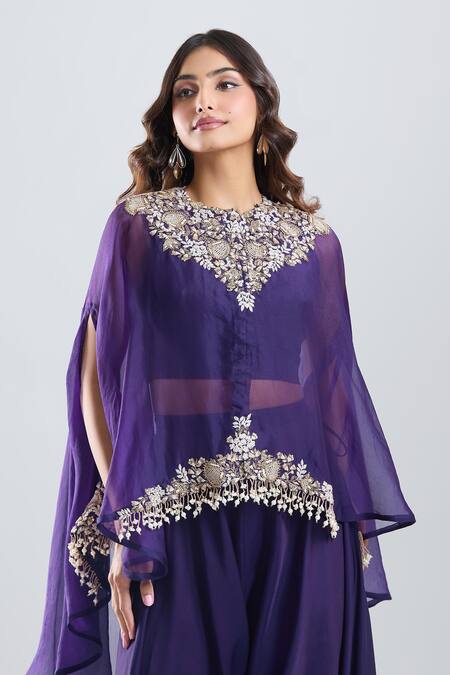 Prisho_Purple Embroidery, Beads, Zari Round Neck Kaftan Pant Set _Online_at_Aza_Fashions