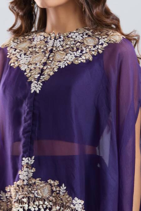Shop_Prisho_Purple Embroidery, Beads, Zari Round Neck Kaftan Pant Set _Online_at_Aza_Fashions