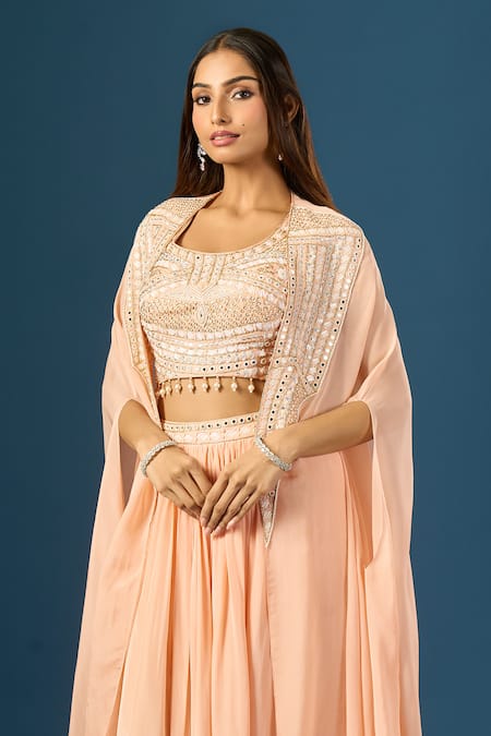 Buy Samyukta Singhania Peach Organza, Crepe Mirrors, Sequins, Zari, Hand Embroidered Shrug Skirt Set Online at Aza Fashions Buy_Samyukta Singhania_Peach Organza, Crepe Mirrors, Sequins, Zari, Hand Embroidered Shrug Skirt Set _Online_at_Aza_Fashions