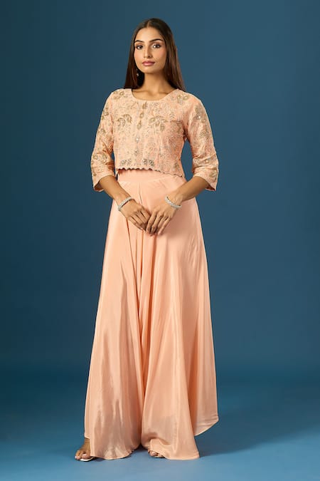 Samyukta Singhania_Peach Crepe, Organza, Silk Embroidery, Sequins, Hand Top With Flared Pant _Online_at_Aza_Fashions