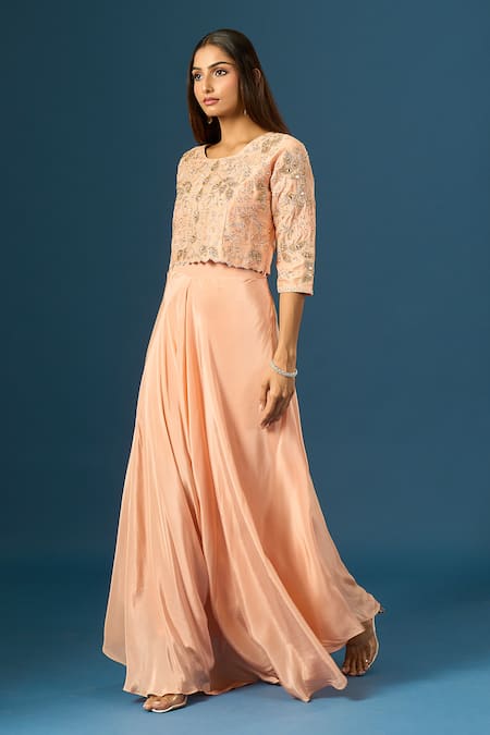 Buy_Samyukta Singhania_Peach Crepe, Organza, Silk Embroidery, Sequins, Hand Top With Flared Pant _Online_at_Aza_Fashions