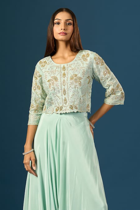 Samyukta Singhania Blue Crepe, Organza Embroidery, Sequins, Stones Round Neck Top With Flared Pant Online at Aza Fashions Samyukta Singhania_Blue Crepe, Organza Embroidery, Sequins, Stones Round Neck Top With Flared Pant _Online_at_Aza_Fashions