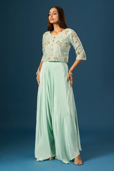 Buy Samyukta Singhania Blue Crepe, Organza Embroidery, Sequins, Stones Round Neck Top With Flared Pant Online at Aza Fashions Buy_Samyukta Singhania_Blue Crepe, Organza Embroidery, Sequins, Stones Round Neck Top With Flared Pant _Online_at_Aza_Fashions