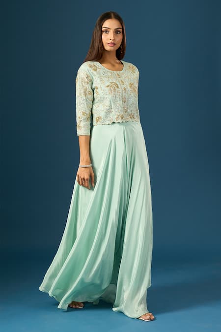 Shop Samyukta Singhania Blue Crepe, Organza Embroidery, Sequins, Stones Round Neck Top With Flared Pant Online at Aza Fashions Shop_Samyukta Singhania_Blue Crepe, Organza Embroidery, Sequins, Stones Round Neck Top With Flared Pant _Online_at_Aza_Fashions