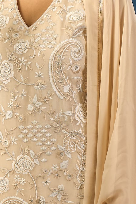 Samyukta Singhania_Beige Crepe, Silk, Organza Embroidery, Beads V-neck Hand Kurta Sharara Set _Online_at_Aza_Fashions