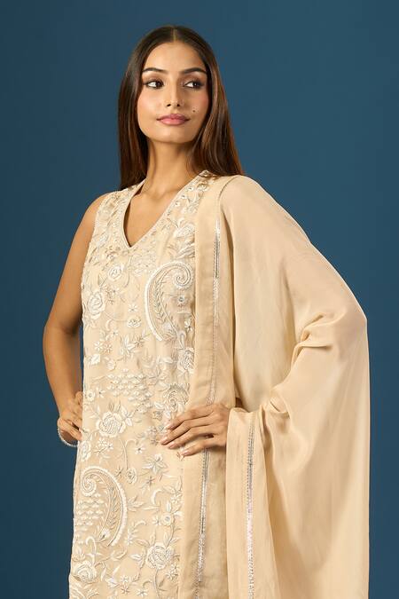 Buy_Samyukta Singhania_Beige Crepe, Silk, Organza Embroidery, Beads V-neck Hand Kurta Sharara Set _Online_at_Aza_Fashions