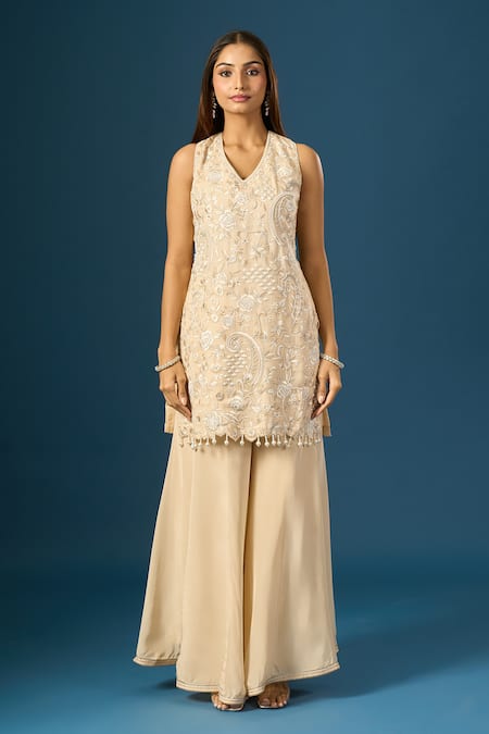 Shop_Samyukta Singhania_Beige Crepe, Silk, Organza Embroidery, Beads V-neck Hand Kurta Sharara Set _Online_at_Aza_Fashions