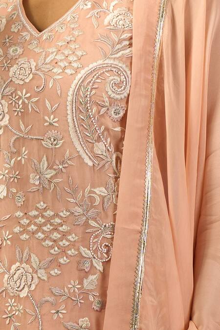 Buy Samyukta Singhania Peach Crepe, Silk, Organza Embroidery, Tassels, Metallic Hand Kurta Sharara Set Online at Aza Fashions Buy_Samyukta Singhania_Peach Crepe, Silk, Organza Embroidery, Tassels, Metallic Hand Kurta Sharara Set _Online_at_Aza_Fashions