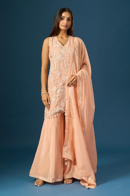 Shop Samyukta Singhania Peach Crepe, Silk, Organza Embroidery, Tassels, Metallic Hand Kurta Sharara Set Online at Aza Fashions Shop_Samyukta Singhania_Peach Crepe, Silk, Organza Embroidery, Tassels, Metallic Hand Kurta Sharara Set _Online_at_Aza_Fashions