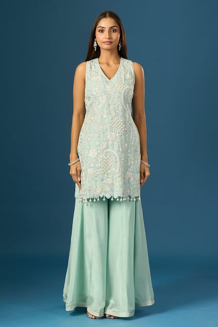 Samyukta Singhania_Blue Crepe, Silk, Organza Embroidery, Beads, Piping, Hand Kurta Sharara Set _Online_at_Aza_Fashions