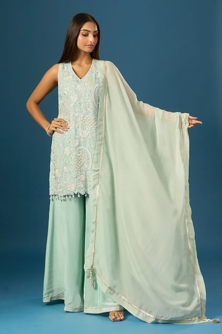Buy_Samyukta Singhania_Blue Crepe, Silk, Organza Embroidery, Beads, Piping, Hand Kurta Sharara Set _Online_at_Aza_Fashions