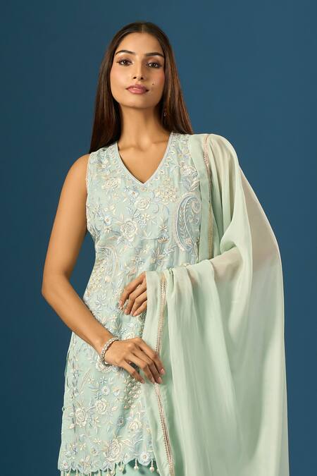 Shop_Samyukta Singhania_Blue Crepe, Silk, Organza Embroidery, Beads, Piping, Hand Kurta Sharara Set _Online_at_Aza_Fashions