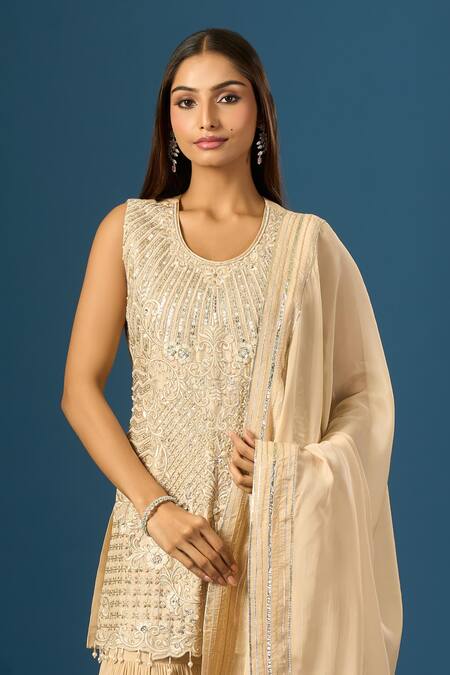 Samyukta Singhania_Beige Crepe, Silk, Organza Sequins, Beads, Embroidery Hand Kurta Sharara Set _Online_at_Aza_Fashions