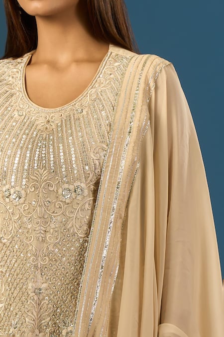 Buy_Samyukta Singhania_Beige Crepe, Silk, Organza Sequins, Beads, Embroidery Hand Kurta Sharara Set _Online_at_Aza_Fashions