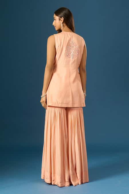 Shop_Samyukta Singhania_Peach Crepe, Silk, Organza Embroidery, Sequins, Beads, Hand Kurta Sharara Set _at_Aza_Fashions