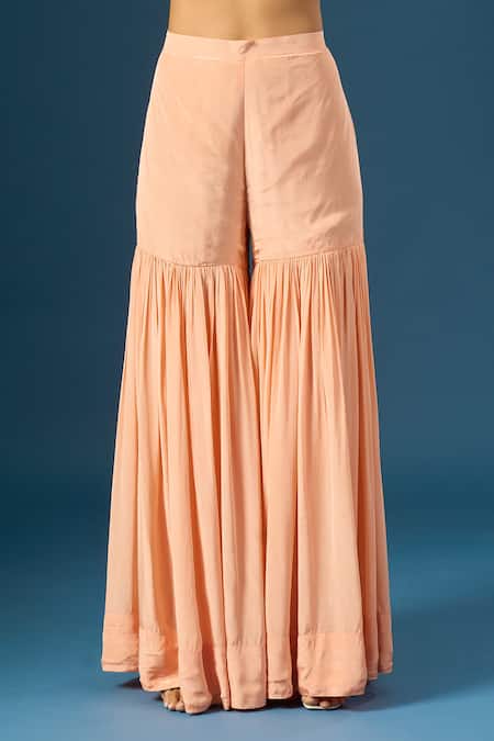 Buy_Samyukta Singhania_Peach Crepe, Silk, Organza Embroidery, Sequins, Beads, Hand Kurta Sharara Set _Online_at_Aza_Fashions