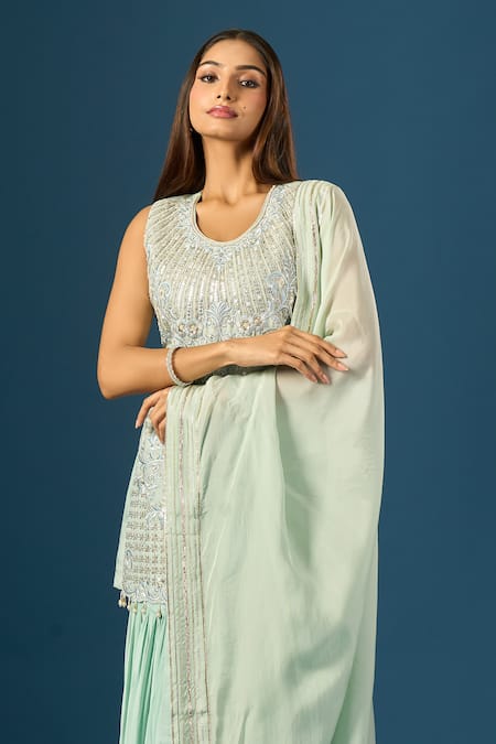 Shop_Samyukta Singhania_Blue Crepe, Silk, Organza Embroidery, Sequins, Beads, Hand Kurta Sharara Set _Online_at_Aza_Fashions